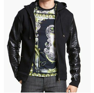 Wholesale Mens <b>Black</b> Hooded Zip-Up <b>Sweatshirt</b> With Leather Sleeves Autumn Wear Regular Fit Leather Sleeves Hoodies Breathable - Product Image 1