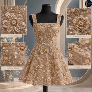 Champagne Floral Beaded Dress <b>Fabric</b> with Gold <b>Embroidery</b> and Pearl Motifs | Decorative Net Textile for Bridal Gowns Eveningwear - Product Image 5