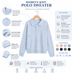 Cosh International Sorority Sisterhood Acrylic <b>Light</b> Blue Knitted Long Sleeve Polo Sweater Casual Button-Up Collar Top Full - Product Image 6