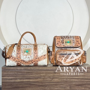 Hand Tooled Cowhide Leather Floral 2 Piece Matching Turquoise Stone Concho Travel Weekender <b>Luggage</b> <b>Set</b> Duffel & Backpack Bag - Product Image 1