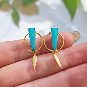 Vintage Gold Plated Asscher Cut Turquoise Stone Stud Earrings - Product Image 3