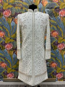 Designer Men Ethnic Wear Botanical Style Dark Blue TR Lachko Fabric with Bead Coding and Sequence Embroidery Indo Western <b>Set</b> - Product Image 5