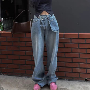 Jeans de Mujer de Pierna Recta Versátiles con Hebilla Diagonal Irregular de Cintura Alta, Estilo Retro y Temperamento, Colección Otoño 2026, Venta al por Mayor para Boutiques - Product Image 1