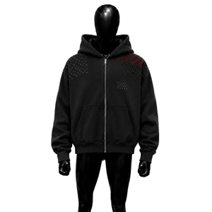 Black Distressed Zip Up Hoodie With Studded Sleeves Oversized Washed Grunge Streetwear Breathable Hooded Sweatshirt Regular Fit - Product Image 1