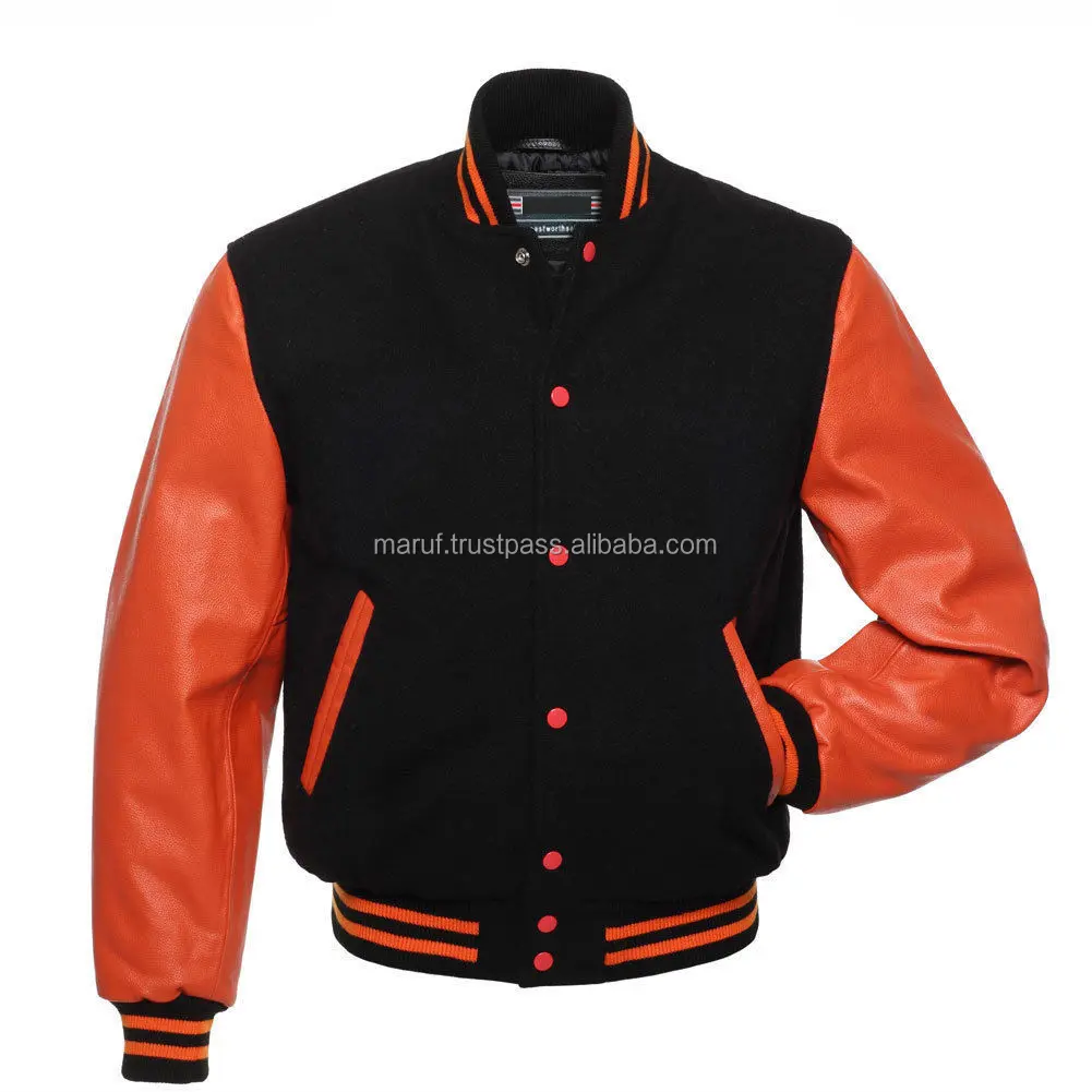 Varsity Jackets MSWVJ061 Black Wool Orange Leather Sleeves High School Letterman Custom Jacket