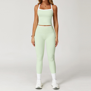 Conjunto de Yoga de 2 Piezas, Top Corto con Cuello Cuadrado y Tirantes, Leggings Largos sin Costuras de Cintura Alta, Ropa Deportiva - Product Image 3
