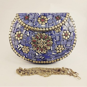 Folk Art Brass Clutch <b>Bag</b> With Gold Plated <b>Studs</b> And Colorful Stones Round Shape Metal Craft - Product Image 1