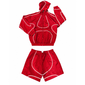 Ensemble de survêtement unisexe rouge à capuche avec fermeture éclair intégrale, poches latérales, décontracté, pour l'été, respirant, léger, coupe ample, couleur unie - Product Image 2