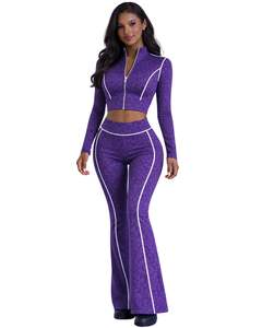 Ensemble de yoga deux pièces violet pour femme : haut court zippé et pantalon évasé taille haute avec passepoil contrastant, extensible, pour fitness et gym – Fabricant - Product Image 1