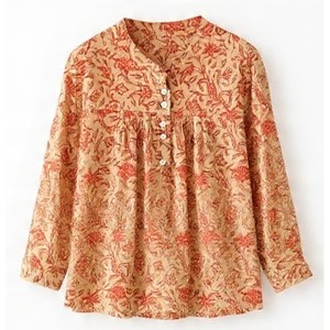 Blusa de Algodón Tejido con Estampado Floral Personalizado, Top de Verano para Mujer, Manga Larga, Túnica Corta Sostenible, Estilo Boho con Decoración de Botones - Product Image 4
