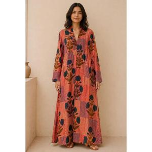Boho Rust Orange Hand Block Printed Cotton Maxi <b>Dress</b> Women Floral Casual <b>Loose</b> Fit A Line <b>Dress</b> - Product Image 1