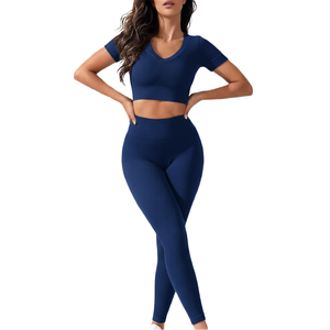 Leggings de yoga sin costuras de cintura alta para mujer con top corto, conjunto de ropa deportiva para gimnasio y entrenamiento. - Product Image 6