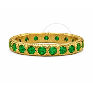 แหวนทองชุบประดับมรกต CZ ทรงกลมขนาด 3 มม. ดีไซน์หรูหรา แหวนเพชรทรงกลมแบบ Eternity Band  งานแฮนด์เมด เครื่องประดับโดดเด่น - Product Image 1