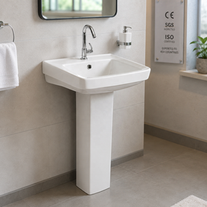 Lavabo sur pied rectangulaire monobloc avec robinet à levier monotrou, finition brillante, drain inclus - Product Image 3
