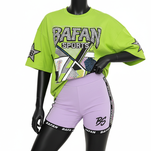 Ensemble short et t-shirt pour femme en coton doux et polyester, avec empiècements élastiques, logo personnalisé par transfert thermique, 100% coton - Product Image 1