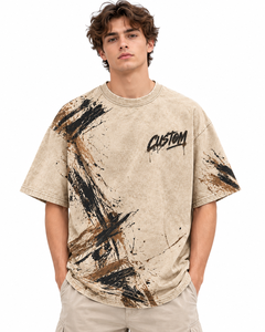T-shirt Unisexe Oversize Personnalisé en Gros 240 GSM Kaki Beige Délavé à l'Acide avec Imprimé Éclaboussures de Peinture Effet Pinceau Streetwear - Product Image 1