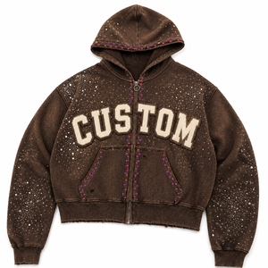 Sudadera con capucha personalizada de gran tamaño con pedrería, 100% algodón, tela suave, con cremallera, estilo moderno, diseño de patchwork desgastado, unisex. - Product Image 4