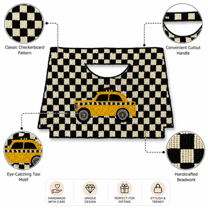 Bolso de Hombro de Poliéster Hecho a Mano con Cierre de Cremallera y Cuentas, Diseño de Tablero de Ajedrez Amarillo con Motivo de Taxi, Bolso Tote de Moda - Product Image 6