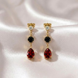 Elegant Garnet Pear & Black Obsidian Round Drop <b>Earrings</b> CZ Accent Gemstone Stud Dangle <b>Earrings</b> Minimalist Jewelry Gift - Product Image 3