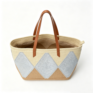 Customized Diamond patchwork woven tote <b>bag</b>,geometric straw shoulder shopper,multi‑tone woven <b>basket</b> tote with faux‑leather - Product Image 4