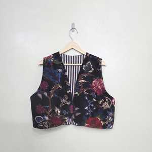 Black Velvet Cotton Floral Print Quilted Jacket-Reversible Winter Sleeveless Outerwear - Product Image 1