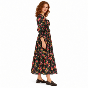 Robe midi noire à imprimé floral pour femme, avec col rond, manches bouffantes et taille smockée - Product Image 4