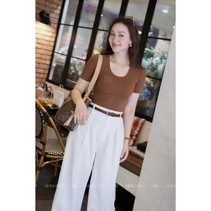 Haut décontracté pour femme à col rond, coupe ajustée, manches courtes, respirant, séchage rapide, en polyester/coton, idéal pour le bureau A8138 - Product Image 1
