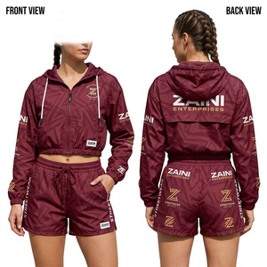 <b>Women</b> Crop Top Windbreaker <b>Short</b> <b>Set</b> Premium Polyester Taffeta 80 GSM Maroon Custom Logo Printed Lightweight Sportswear Wear <b>Set</b> - Product Image 1