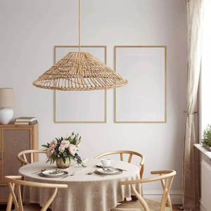 Natural Rattan Ceiling <b>Light</b> with Wide Woven Shade for <b>Dining</b> Room Kitchen Island and Café Decoration - Product Image 4