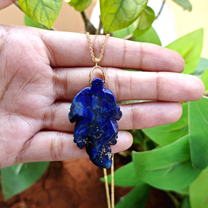 Semi-precious gemstone necklace natural lapis lazuli hand carved leaf pendant with cz accent gold plated chain necklace for her - Product Image 2