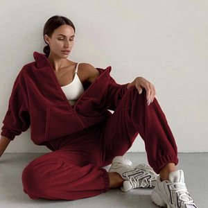 Conjunto Deportivo de 2 Piezas para Mujer, Sudadera con Capucha y Cremallera de Felpa Color Caqui, Estilo Casual y Holgado - Product Image 2