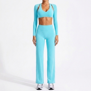 Wholesale Custom Logo Women's 3 Piece Yoga <b>Set</b> Slim Fit High Stretch Sweat Wicking Crew Neck Backless Spandex/Nylon <b>Gym</b> - Product Image 2