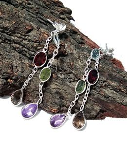 925 <b>Silver</b> Natural Multicolor Gemstone Drop <b>Earrings</b> Amethyst Garnet Peridot Smoky Quartz Bezel Setting Bohemia Style Women's - Product Image 5