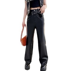 กางเกงเอวสูงขากว้างสำหรับผู้หญิงฤดูใบไม้ร่วงกางเกงหนังแกะแท้กางเกงขายาว4XL ลำลอง - Product Image 1