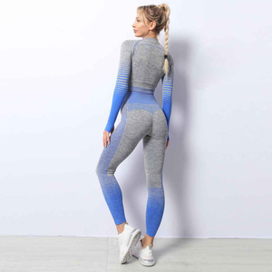 Ensemble de yoga gris bleu contrasté pour femme, 2 pièces, sans couture, legging taille haute longueur intégrale, haut court à col rond et manches longues, anti-transpiration - Product Image 2