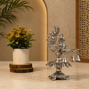 Silver Decorative Peacock Oil Burner Hanging Bells <b>Art</b> <b>Deco</b> Adjustable Elegant Tabletop Artifact Diwali Puja Housewarming Gifts - Product Image 6