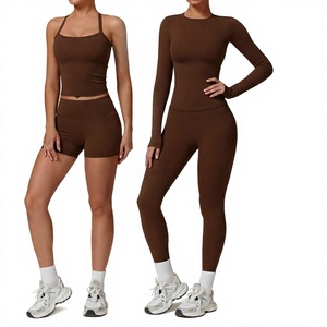 Ensemble de yoga marron uni pour femme, haut court taille haute et leggings à manches longues, 2 pièces, sans couture, en Spandex et Polyester, pour la gym et le fitness - Product Image 4