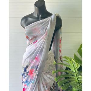 ผ้าส่าหรีทำงานพิมพ์ลายดิจิทัลผ้าจอร์เจียเรียบสวยงามพร้อมเสื้อสีขาวไร้ตะเข็บ - Product Image 1