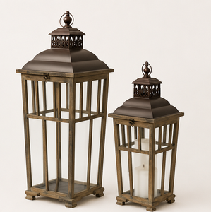 Set of 2 <b>Large</b> Farmhouse Wooden Decorative Lanterns Rustic Distressed Brown Wood Floor <b>Candle</b> Lanterns for Wedding Centerpiece - Product Image 3
