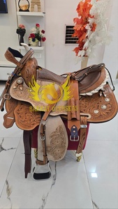 Silla de montar de cuero genuino hecha a mano, duradera, estilo vaquero, para espectáculos ecuestres y carreras de barriles, portátil, con asiento acolchado cómodo. - Product Image 3