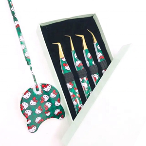 Juego de 4 Pinzas para Extensión de Pestañas con Diseño de Gatito, Acero Inoxidable Verde, Herramientas para Pestañas con Espejo, Diseño Bonito, Recubrimiento de Papel, Personalizadas - Product Image 1