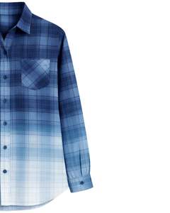 Chemise en flanelle à carreaux bleu dégradé personnalisée pour femme, manches longues, boutonnée, décontractée, en mélange de coton, pour l'automne et l'hiver - Product Image 4