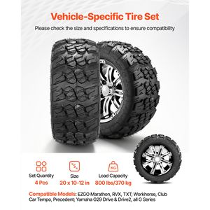 Set di 4 Ruote in Lega di Alluminio Nere da 12 Pollici 20x10 12 per Golf Cart, Compatibili con Club Car EZGO Yamaha 4 P e Altri Veicoli, Pneumatici e Accessori - Product Image 2