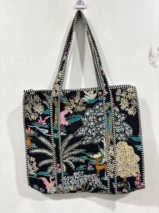 Handmade Quilted Cotton Kantha <b>Stitch</b> Bags Zipper Closure Bohemian Style Artisan Detailing for Shopping Travel Gifting Crafts - Product Image 2