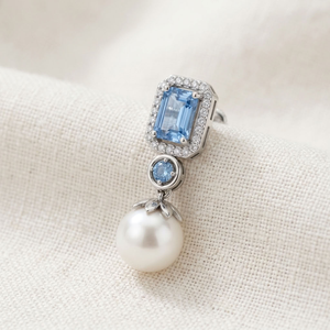 925 Silver Rhodium Plated Classic Drop <b>Earrings</b> Blue Emerald Cut Diamond <b>Halo</b> Dangle Pearl Jewelry for Wedding Party Gift - Product Image 3