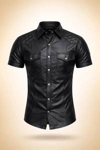 Chemise à manches courtes pour homme, aspect cuir noir, col rabattu, couleur unie, style motard, vêtement décontracté - Product Image 4