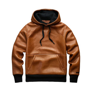 <b>Men's</b> <b>Brown</b> Leather Hooded Sweatshirt Solid Color Knitted Casual Pullover Front Pocket Autumn Wear - Product Image 1