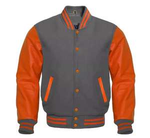 Veste universitaire de baseball en toile verte avec manches en cuir véritable orange, coupe-vent, pour l'hiver, style universitaire - Product Image 3