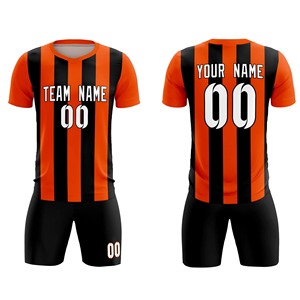 Maillot de football personnalisable pour homme, rayé orange et noir, col en V, manches courtes, ensemble uniforme en polyester anti-humidité - Product Image 1