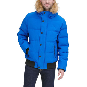 Veste d'hiver pour homme en duvet bleu avec capuche en fourrure, coupe-vent, col montant, coupe classique - Product Image 1